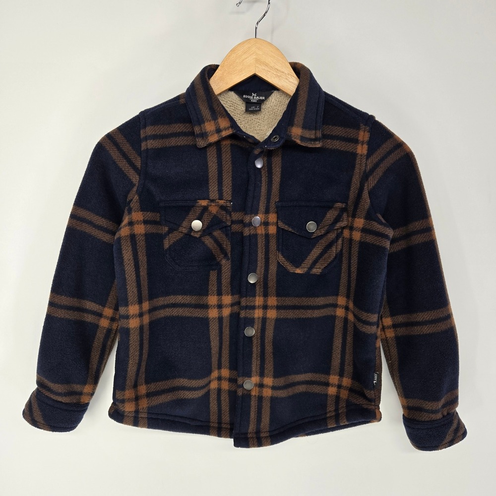 Eddie Bauer Shirt Jacket Kid 7 Navy Blue Brown Plaid Sherpa Lined Fleece Shacket